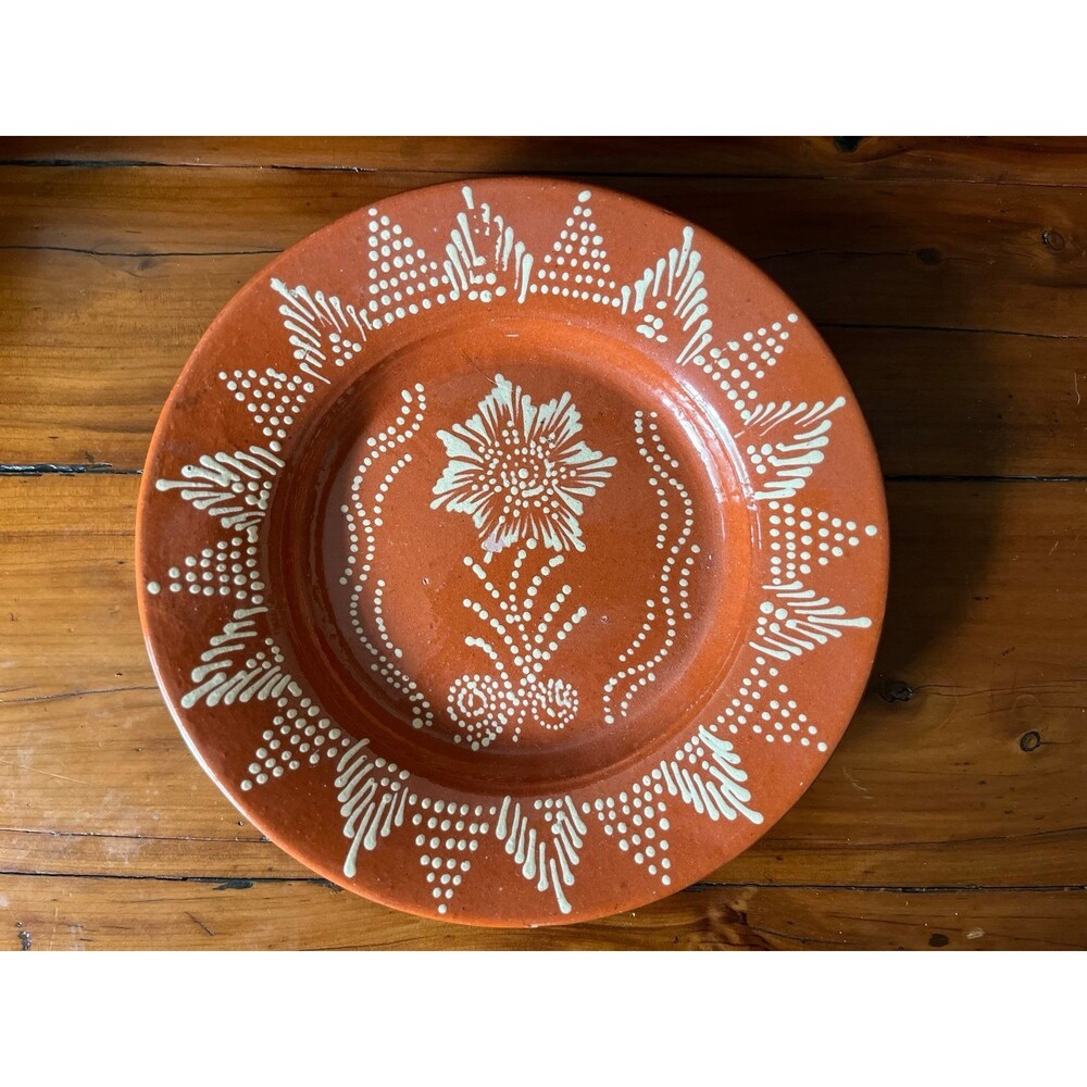 Vintage Handmade Portuguese Terracotta Pottery Plate with Flower